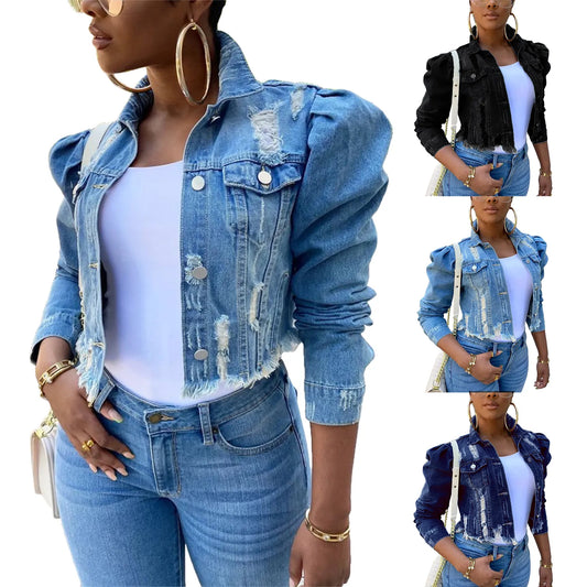 Y2k Ripped Denim Jacket - Casual Long Puff Sleeve Cropped Jean Coat for Women