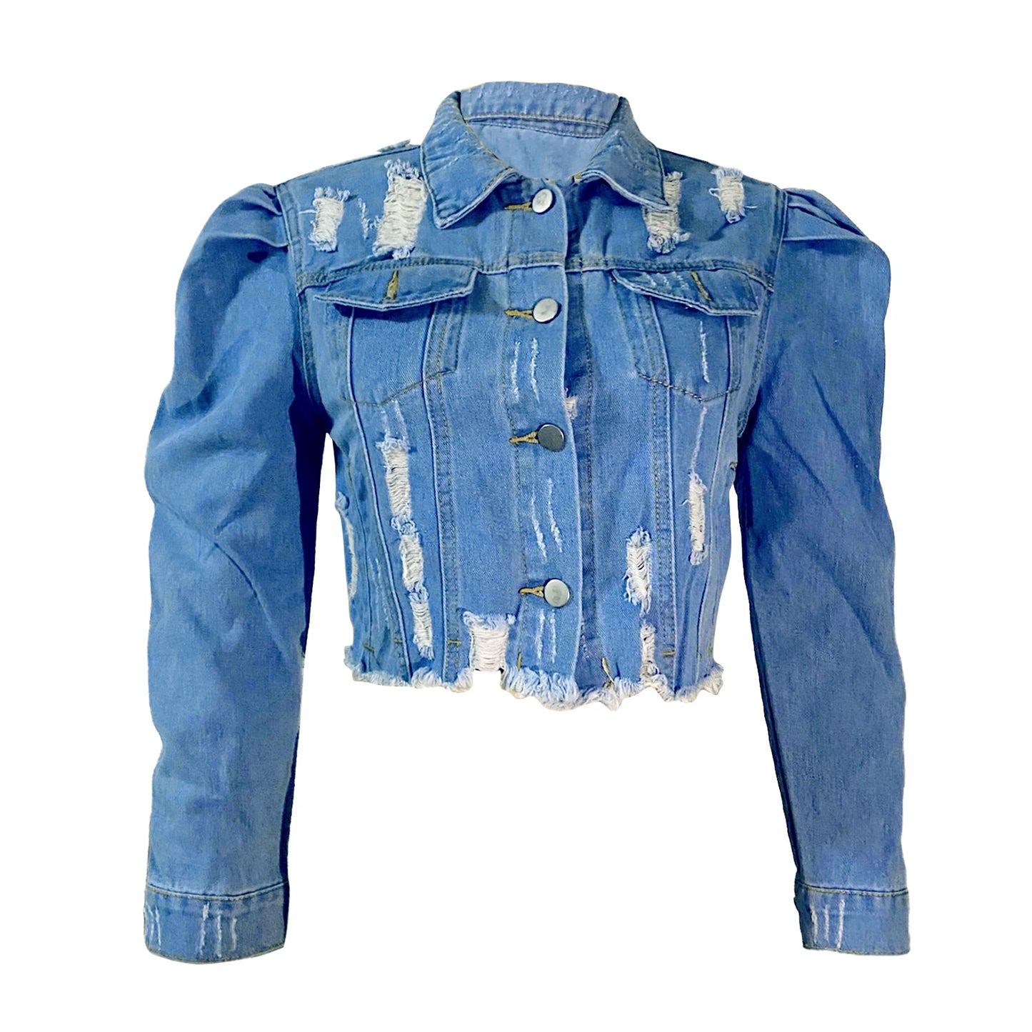 Y2k Ripped Denim Jacket - Casual Long Puff Sleeve Cropped Jean Coat for Women