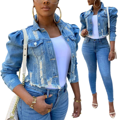 Y2k Ripped Denim Jacket - Casual Long Puff Sleeve Cropped Jean Coat for Women