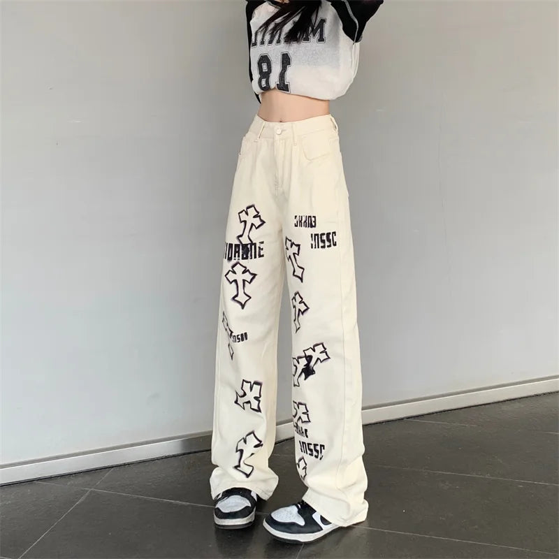 Vintage Distressed Cross Pattern Jeans - Unisex Wide Leg Streetwear Trousers