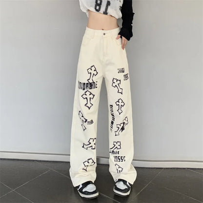 Vintage Distressed Cross Pattern Jeans - Unisex Wide Leg Streetwear Trousers