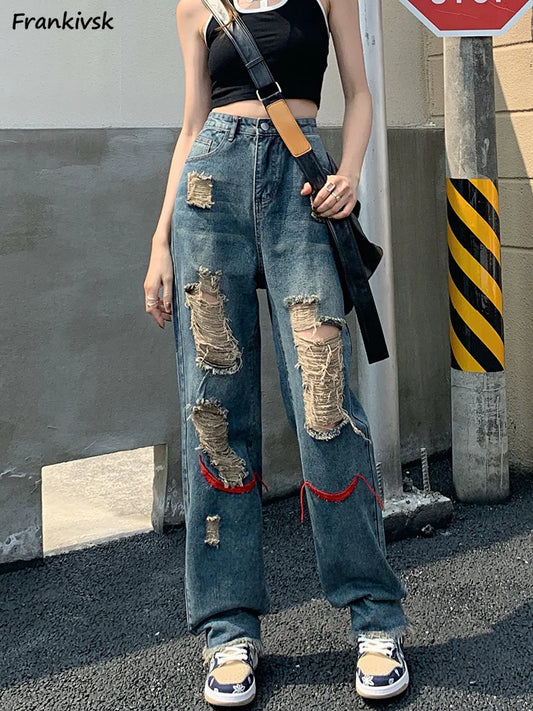 Frayed Hole Jeans - European Style Retro Loose Washed High Street Moto, Unisex Wide Leg Asymmetrical Full Length Leisure Jeans