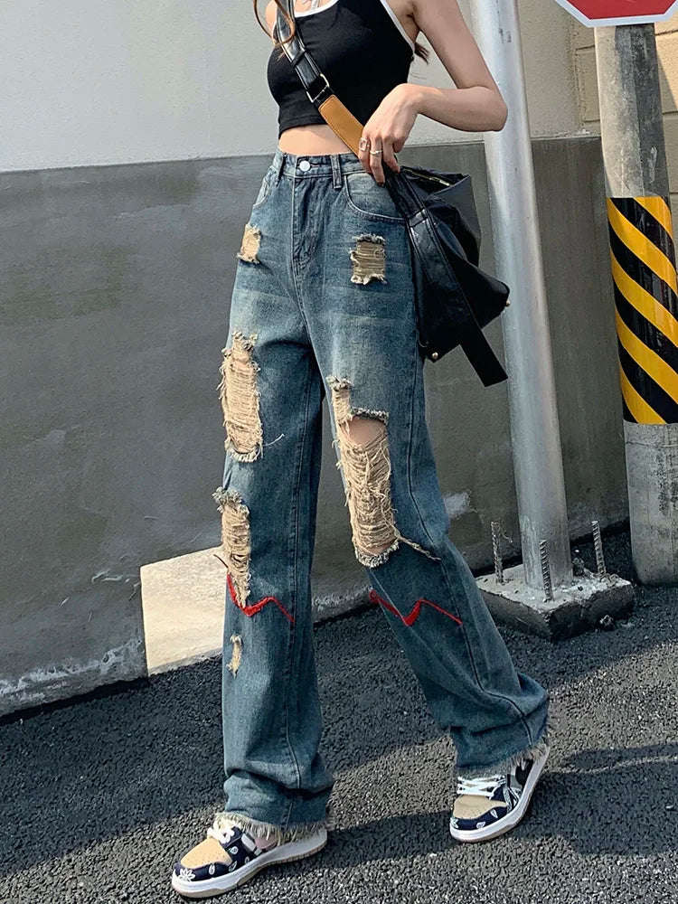 Frayed Hole Jeans - European Style Retro Loose Washed High Street Moto, Unisex Wide Leg Asymmetrical Full Length Leisure Jeans