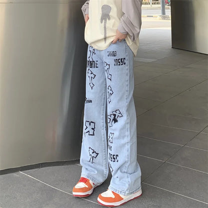 Vintage Distressed Cross Pattern Jeans - Unisex Wide Leg Streetwear Trousers