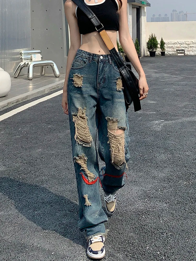 Frayed Hole Jeans - European Style Retro Loose Washed High Street Moto, Unisex Wide Leg Asymmetrical Full Length Leisure Jeans