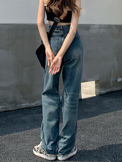 Frayed Hole Jeans - European Style Retro Loose Washed High Street Moto, Unisex Wide Leg Asymmetrical Full Length Leisure Jeans