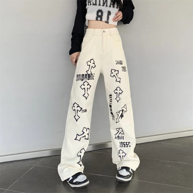 Vintage Distressed Cross Pattern Jeans - Unisex Wide Leg Streetwear Trousers