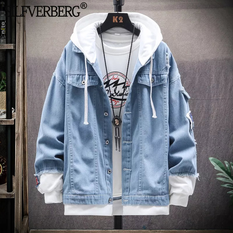 Trendy Hooded Denim Jacket for Men - Slim Fit Casual Streetwear